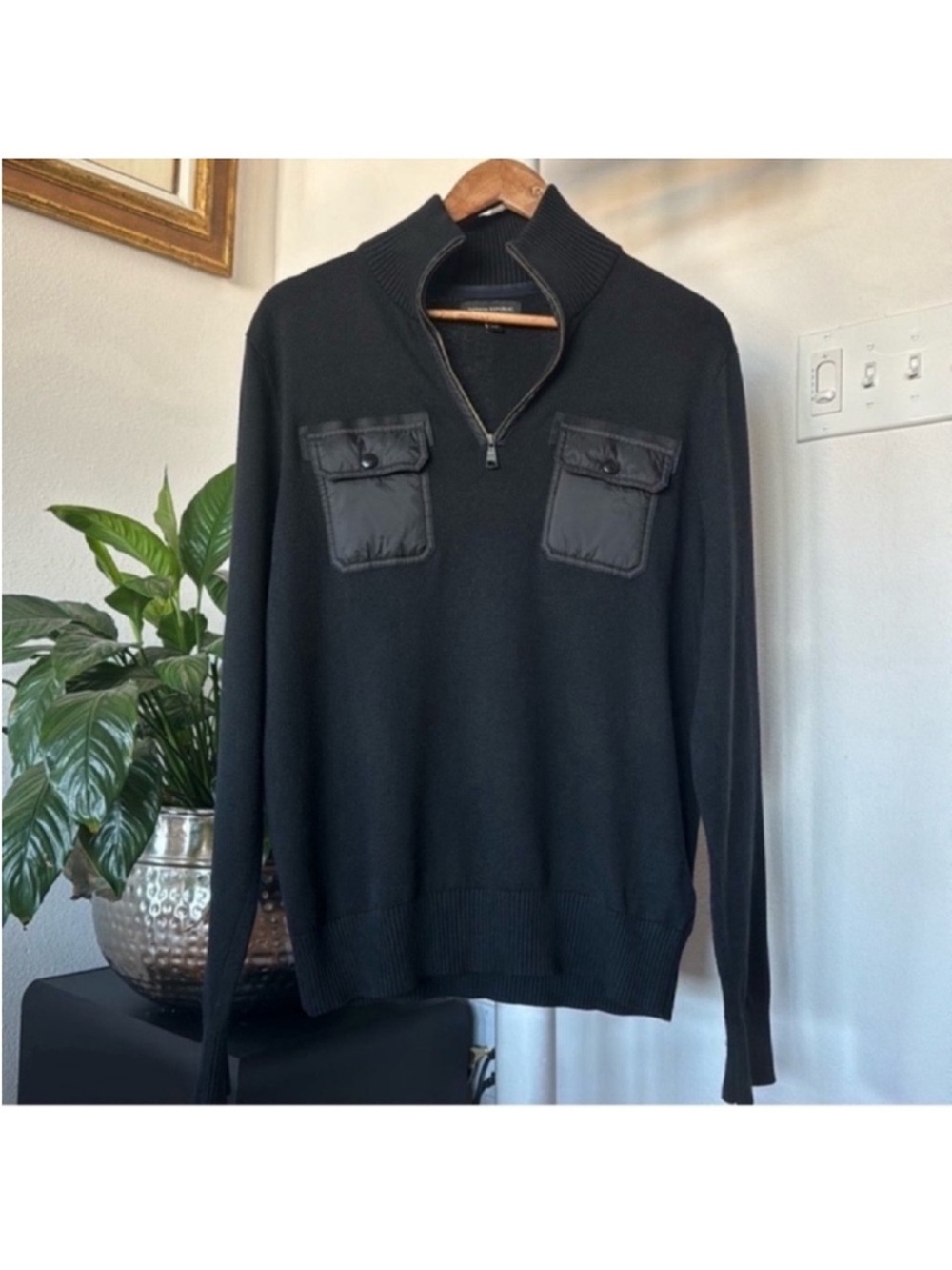 Banana Republic Men’s Black Knit Zip Sweater Sz M Chest Pockets Mock